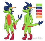  anthro bcw blue_hair browniecomicwriter countershading dinosaur dragon green_body green_scales hair horn hybrid lizard male markings model_sheet multicolored_scales multiple_angles nude orange_countershading orange_eyes raptor red_eyebrows red_markings reptile scales scalie simple_background smile socks_(marking) solo theropod watermark white_background 