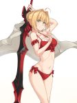  aestus_estus ahoge arm_strap arm_up blonde_hair bow breasts cleavage collarbone cowboy_shot eyebrows_visible_through_hair fate/extra fate_(series) green_eyes groin highres holding holding_sword holding_weapon index_finger_raised large_breasts nail_polish navel nero_claudius_(fate) nero_claudius_(fate)_(all) panties pink_nails red_bow red_panties saruno_(eyesonly712) short_hair sideboob simple_background smile solo standing sword tied_hair underwear underwear_only weapon white_background 