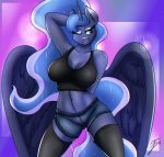  2018 absolute_territory absurd_res anthro biting_lip blue_feathers bra breasts cleavage clothed clothing cosmic_hair equine eyebrows eyelashes eyeshadow feathered_wings feathers female friendship_is_magic grin hair hand_behind_head hi_res horn legwear long_hair looking_at_viewer makeup mammal mascara my_little_pony navel one_eye_closed portrait pose princess_luna_(mlp) purple_background seductive shorts signature simple_background smile solo sports_bra standing stockings teal_eyes teeth thigh_highs three-quarter_portrait trentgt underwear winged_unicorn wings wink 