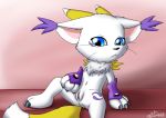  2018 anus blue_eyes claws clothed clothing digimon digimon_(species) digital_media_(artwork) feline female fur gatomon gloves hybrid mammal milesnukem nipples presenting pussy renamon simple_background white_fur yellow_fur 