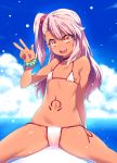  :d bikini breasts cameltoe chloe_von_einzbern choker commentary_request covered_nipples dark_skin eyebrows_visible_through_hair fate/kaleid_liner_prisma_illya fate_(series) hair_ornament hair_scrunchie highres long_hair looking_at_viewer one_side_up open_mouth orange_eyes pink_hair pink_scrunchie red_scrunchie scrunchie side-tie_bikini sitting small_breasts smile solo stomach_tattoo string_bikini swimsuit tasaka_shinnosuke tattoo w white_bikini wrist_scrunchie 