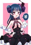  black_skirt blue_hair blush breasts cosplay deadnooodles detached_sleeves elizabeth_bathory_(fate) elizabeth_bathory_(fate)_(all) elizabeth_bathory_(fate)_(cosplay) eyebrows_visible_through_hair fang fate/grand_order fate_(series) hair_bun hair_ribbon hands_on_hips high-waist_skirt layered_skirt long_hair looking_at_viewer love_live! love_live!_sunshine!! medium_breasts open_mouth pointy_ears purple_ribbon red_eyes ribbon shiny shiny_hair sideboob skirt solo standing tsushima_yoshiko underboob 