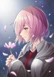  absurdres bad_id bad_pixiv_id black_shirt blush eyebrows_visible_through_hair fate/grand_order fate_(series) floating_hair flower furan_(pixiv20237436) grey_jacket hands_clasped highres holding holding_flower hood hooded_jacket jacket mash_kyrielight necktie open_clothes open_jacket own_hands_together petals pink_flower pink_hair purple_eyes red_neckwear shirt short_hair solo upper_body 