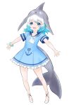  :d anchor_symbol blue_dress blue_eyes blue_hair choker common_bottlenose_dolphin_(kemono_friends) dolphin_tail dress eyebrows_visible_through_hair fins frilled_dress frills full_body grey_hair ise_(0425) kemono_friends looking_at_viewer medium_hair multicolored_hair open_mouth outstretched_arms sailor_dress shoes short_sleeves simple_background smile solo spread_arms white_background white_choker white_footwear white_hair 