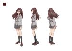  artist_request black_legwear blazer blue_eyes brown_footwear brown_hair character_profile full_body glasses grey_jacket grey_skirt jacket loafers medium_hair official_art pleated_skirt school_uniform shoes simple_background skirt tounaka_yuu 