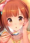  :o bangs blowing blurry blurry_background blush bow brown_eyes brown_hair collarbone commentary_request depth_of_field eyebrows_visible_through_hair food hair_bow hair_tucking high_ponytail highres holding holding_spoon idolmaster idolmaster_cinderella_girls igarashi_kyouko jewelry long_hair necklace parted_lips pink_bow shirt side_ponytail sidelocks solo spoon u_rin yellow_shirt 