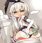  :p ass black_panties blonde_hair blue_skirt blush elbow_gloves eyebrows_visible_through_hair gloves green_eyes kanikama kantai_collection long_hair looking_at_viewer looking_back lowres money money_hold panties shimakaze_(kantai_collection) sitting skirt solo striped striped_legwear thighhighs toilet tongue tongue_out underwear v white_gloves 