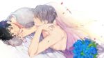 bed bed_sheet black_hair blue_eyes blue_flower blurry blush bouquet brown_eyes confetti covering depth_of_field dutch_angle eyebrows_visible_through_hair fingernails flower hands_together happy interlocked_fingers katsuki_yuuri looking_at_another male_focus multiple_boys nude nude_cover pillow profile shirtless short_hair smile tadano53 viktor_nikiforov white_hair yaoi yuri!!!_on_ice 