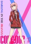  absurdres bangs black_shirt candy character_name collar collarbone copyright_name darling_in_the_franxx eyebrows_visible_through_hair food green_eyes hands_in_pockets highres horns jacket lollipop long_hair looking_at_viewer nakoya_(nane_cat) partially_unzipped pink_hair red_jacket shiny shiny_hair shirt solo standing very_long_hair zero_two_(darling_in_the_franxx) 