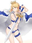  ahoge artoria_pendragon_(all) blonde_hair blue_bow blue_bra blue_cape blue_nails blue_panties bow bra cape collarbone crown excalibur eyebrows_visible_through_hair fate/stay_night fate_(series) floating_hair fur_trim green_eyes groin hair_between_eyes hair_bow highres holding holding_sword holding_weapon looking_at_viewer nail_polish navel panties saber saruno_(eyesonly712) short_hair simple_background smile solo standing striped striped_panties sword thigh_strap underwear underwear_only vertical-striped_bra vertical_stripes weapon white_background 