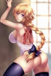  against_wall armpits ass back_tattoo backless_outfit bare_arms bare_shoulders black_legwear blonde_hair blue_eyes blush bottomless braid breasts command_spell commentary_request fate/apocrypha fate_(series) from_behind hair_between_eyes hair_ribbon highres indoors jeanne_d'arc_(fate) jeanne_d'arc_(fate)_(all) large_breasts legs_apart long_braid long_hair looking_at_viewer looking_back nasaniliu no_panties parted_lips revision ribbon sideboob solo standing tattoo teeth thighhighs very_long_hair 