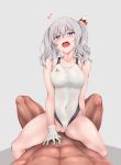  1girl anchor bad_id bad_pixiv_id blue_eyes blush breasts censored clothing_aside commentary competition_swimsuit covered_navel cowgirl_position cum d: eyebrows_visible_through_hair girl_on_top gloves grey_background grey_hair hair_between_eyes heart hetero highres kantai_collection kashima_(kantai_collection) long_hair medium_breasts mosaic_censoring one-piece_swimsuit open_mouth pov sex simple_background straddling swimsuit swimsuit_aside white_gloves z5987 