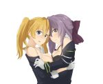  black_bra black_shirt blonde_hair blue_eyes bow bra breast_press breasts brown_eyes cleavage collarbone eyebrows_visible_through_hair from_side gloves grey_gloves hair_between_eyes hair_bow hiiragi_shinoa long_hair looking_at_viewer medium_breasts multiple_girls open_mouth owari_no_seraph purple_bow purple_hair sanguu_mitsuba saruno_(eyesonly712) shirt simple_background standing symmetrical_docking twintails underwear white_background yellow_bra yuri 