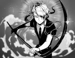  androgynous determined dust gem_uniform_(houseki_no_kuni) ghost_quartz_(houseki_no_kuni) glowing glowing_hair greyscale hair_over_one_eye highres houseki_no_kuni looking_at_viewer mono_(bluesky) monochrome necktie scythe short_hair short_hair_with_long_locks solo sparkle 