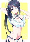  bare_shoulders bikini black_hair breasts cleavage collarbone commentary_request fate/grand_order fate_(series) green_eyes groin hair_ribbon jing_ke_(fate/grand_order) long_hair navel ribbon side-tie_bikini solo swimsuit ugetsu_(chimere/marie) water_shine 