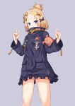  abigail_williams_(fate/grand_order) absurdres ainna_(kekai) bangs black_bow black_jacket blonde_hair blue_eyes blush bow commentary_request covered_mouth double_v fate/grand_order fate_(series) hair_bow hair_bun heroic_spirit_traveling_outfit highres jacket long_hair long_sleeves looking_at_viewer object_hug orange_bow parted_bangs purple_background simple_background solo standing star stuffed_animal stuffed_toy teddy_bear v v-shaped_eyebrows 