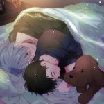  animal bed bed_sheet black_hair black_shirt blue_eyes clenched_hand closed_eyes dog expressionless eyebrows_visible_through_hair green_shirt half-closed_eyes happy indoors katsuki_yuuri long_sleeves looking_at_another lying makkachin male_focus multiple_boys nightstand pillow shirt short_hair sleeping smile sunlight tadano53 tongue tongue_out viktor_nikiforov white_hair yaoi yuri!!!_on_ice 