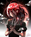  absurdres ahoge androgynous character_name colored_eyelashes crying crying_with_eyes_open crystal_hair gem_uniform_(houseki_no_kuni) glowing glowing_hair hair_between_eyes highres houseki_no_kuni looking_at_viewer mercury necktie red_eyes red_hair sad shinsha_(houseki_no_kuni) short_hair signature solo sparkle tears upper_body youo_(kartdlsd2) 