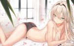  an-94_(girls_frontline) ass bangs black_panties blonde_hair blue_eyes blush breasts cleavage closed_mouth commentary curtains day eyebrows_visible_through_hair girls_frontline hairband heifetz indoors leaf leg_up long_hair looking_at_viewer lying medium_breasts on_stomach panties petals shiny shiny_skin side-tie_panties sidelocks thighs topless underwear underwear_only water_drop window 