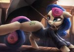  2018 absurd_res bar blue_eyes bonbon_(mlp) clothed clothing crossover cute cutie_mark earth_pony equine eyebrows eyelashes female feral floppy_ears friendship_is_magic hair hi_res hooves horse inside kingsman_the_secret_service leotard mammal mouth_hold movie_reference multicolored_hair my_little_pony pony purple_hair smile solo spy two_tone_hair umbrella vanillaghosties 