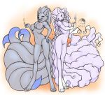  alolan_ninetales anthro anthrofied breasts brown_eyes claws digitigrade duo female fire fur grey_fur hair hand_on_hip holding_breast ice long_hair looking_at_viewer magic_user multi_tail neck_tuft ninetales nintendo nipples nude pok&eacute;mon pok&eacute;mon_(species) pussy regional_variant shiny_pok&eacute;mon smile tuft video_games white_fur yojek163 