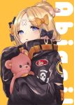  abigail_williams_(fate/grand_order) bangs black_bow black_jacket blonde_hair blue_eyes bow character_name commentary_request crossed_bandaids eyebrows_visible_through_hair fate/grand_order fate_(series) hair_bow hair_bun hand_up heroic_spirit_traveling_outfit holding holding_stuffed_animal jacket long_hair long_sleeves looking_at_viewer nekomiya_noru_(yuduki710) orange_background orange_bow parted_bangs parted_lips polka_dot polka_dot_bow sleeves_past_fingers sleeves_past_wrists solo stuffed_animal stuffed_toy teddy_bear 