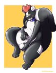  2018 3_toes animate_inanimate anthro black_nose black_skin blue_collar bulge collar digital_drawing_(artwork) digital_media_(artwork) domino_(character) hair hi_res inflatable living_inflatable looking_pleasured male mammal nozzle nude overweight pool_toy red_hair rem rubber shiny simple_background skunk smile solo toes video_games white_skin yellow_eyes 