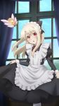  1girl :o absurdres alternate_costume dress enmaided eyebrows_visible_through_hair fate/kaleid_liner_prisma_illya fate_(series) female highres illyasviel_von_einzbern indoors kaleido_ruby long_hair long_sleeves looking_at_viewer maid maid_headdress official_art open_mouth red_eyes solo toosaka_rin window 