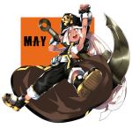  absurdres alternate_color anchor ankle_boots armpits belt boots breasts brown_eyes character_name coattails dark_skin fingerless_gloves fist_pump full_body gloves guilty_gear guilty_gear_xrd hat highres huge_weapon long_hair makai may_(guilty_gear) open_mouth pants pants_rolled_up pirate_hat small_breasts solo weapon white_hair 