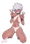  2018 ;d abs bangs bare_legs bare_shoulders barefoot blue_eyes blue_nails bracelet breasts criss-cross_halter dark_skin double_v earrings elena_(street_fighter) eyebrows_visible_through_hair full_body grin hair_between_eyes halter_top halterneck highres hoop_earrings hori_shin jewelry kneeling looking_at_viewer medium_breasts muscle muscular_female nail_polish navel neck_ring one_eye_closed open_mouth short_hair silver_hair simple_background smile solo street_fighter teeth thighs toenail_polish toenails underboob v v-shaped_eyebrows very_short_hair white_background 