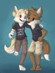  black_nose brown_eyes brown_fur bryce_(lonewolfhowling) canine clothing cute_fangs dog duo fur jeans katxfish male mammal neck_tuft open_mouth pants red_eyes romantic_couple shirt spencer_(lonewolfhowling) standing t-shirt tuft white_fur 