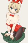  animal_ears arm_support bangs black_legwear blonde_hair blue_eyes bow bowtie braid breasts bunny_ears bunny_tail bunnysuit cleavage closed_mouth commentary_request cowboy_shot darjeeling detached_collar eyebrows_visible_through_hair fake_animal_ears fake_tail girls_und_panzer grey_background head_tilt leaning_forward leotard looking_at_viewer medium_breasts pantyhose red_leotard red_neckwear short_hair simple_background sitting smile solo standing strapless strapless_leotard tail tank_cupola tied_hair twin_braids uona_telepin wing_collar wrist_cuffs 