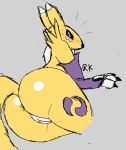 absurd_res anthro anus big_butt blue_eyes blush butt canine clothing digimon embarrassed female fur greyscale hi_res legwear looking_at_viewer mammal monochrome ms_paint presenting presenting_pussy pussy rear_view renamon rhuanfps simple_background sketch solo tights yellow_body 