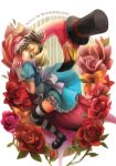  alice_(wonderland) alice_in_wonderland apron bird blonde_hair blue_eyes bow copyright_name dress flamingo flower hair_bow katekari_yuusuke lolita_fashion looking_at_viewer original ribbon rose short_hair smile 