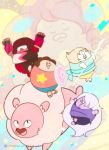  4others :d :o aa2233a amethyst_(steven_universe) arms_up artist_name brown_hair chibi closed_eyes commentary_request forehead_jewel garnet_(steven_universe) gem goggles lion lion_(steven_universe) long_hair multiple_others open_mouth pearl_(steven_universe) pink_hair polearm purple_skin red_skin rose_quartz_universe shield smile spear star steven_quartz_universe steven_universe watermark weapon white_hair 