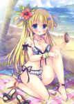  :d absurdres bad_id bad_pixiv_id bangs bare_shoulders barefoot beach beach_towel bikini blonde_hair blue_bow blue_eyes blue_sky blush bottle bow breasts cleavage cloud cloudy_sky collarbone commentary_request day eyebrows_visible_through_hair fingernails flower hair_between_eyes hair_flower hair_ornament hairclip highres holding holding_bottle horizon kouta. large_breasts long_hair looking_at_viewer lotion mountain ocean open_mouth original outdoors palm_tree plaid plaid_bikini purple_bikini red_flower sand sandals shoes_removed side-tie_bikini sidelocks sitting sky smile solo star star_hair_ornament summer sunscreen swimsuit towel transparent tree very_long_hair water white_flower 