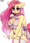  2018 :3 absurd_res anthro blush bow breasts cleavage clothed clothing cute equine eyebrows eyelashes eyeshadow feathered_wings feathers female floppy_ears fluttershy_(mlp) friendship_is_magic hair hi_res legwear lingerie long_hair makeup mammal mascara my_little_pony open_mouth open_smile panties pegasus pink_hair portrait pose simple_background smile solo standing stockings teal_eyes teeth thick_thighs thigh_highs three-quarter_portrait underwear white_background wings yellow_feathers yukomaussi 