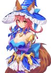  alternate_costume animal_ears bangs blue_gloves blue_hat blush braid breasts brown_eyes cleavage closed_mouth commentary_request detached_collar detached_sleeves ears_through_headwear eyebrows_visible_through_hair fang fang_out fate/extra fate_(series) fox_ears fox_girl fox_tail gloves hair_between_eyes hand_up hat large_breasts long_hair long_sleeves low_twintails pink_hair purple_legwear skirt smile solo strapless tail tamamo_(fate)_(all) tamamo_no_mae_(fate) tangamja thighhighs twin_braids twintails white_skirt witch_hat 