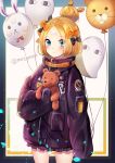  abigail_williams_(fate/grand_order) absurdres bad_id bad_pixiv_id balloon bangs black_bow black_jacket blonde_hair blue_eyes blush bow closed_mouth commentary_request cowboy_shot crossed_bandaids eyebrows_visible_through_hair fate/grand_order fate_(series) fou_(fate/grand_order) frilled_jacket hair_bow hair_bun heroic_spirit_traveling_outfit highres jacket long_hair long_sleeves looking_at_viewer medjed meliyannn object_hug orange_bow parted_bangs polka_dot polka_dot_bow sleeves_past_fingers sleeves_past_wrists solo star stuffed_animal stuffed_toy teddy_bear twitter_username 