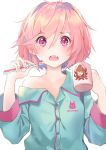  :o artist_name blue_pajamas cameo commentary cup doki_doki_literature_club english_commentary eyebrows_visible_through_hair eyes_visible_through_hair fang hair_between_eyes hands_up highres holding holding_cup holding_toothbrush looking_at_viewer monika_(doki_doki_literature_club) natsuki_(doki_doki_literature_club) off_shoulder pajamas pink_eyes pink_hair pun short_hair simple_background solo toothbrush upper_body uwu white_background xhunzei 
