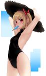  absurdres alternate_costume armpits arms_up bangs black_swimsuit blonde_hair blush bow breasts collarbone commentary_request food haiiro_gundan hair_bow hair_ribbon halterneck hat highres looking_at_viewer mouth_hold one-piece_swimsuit popsicle red_eyes ribbon rumia short_hair small_breasts solo straw_hat swimsuit touhou 