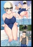  1girl aomizuan ass bare_arms bare_legs barefoot black_hair blue_swimsuit blush breast_suppress breasts camera cleavage closed_mouth clouds covered_navel embarrassed erection erection_under_clothes feet goggles groin half-closed_eyes hand_in_pocket highres huge_breasts incha_bishoujo_wa,_tannin_ni_okasarete_mo_ikimakuru katsurai_yoshiaki legs long_hair no_eyes original outdoors pool public sequential sitting sky standing swim_cap swimsuit thighs toes voyeurism water wet yellow_eyes 
