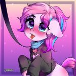  &lt;3 &lt;3_eyes 2018 blue_eyes blush bottomless clothed clothing collar cute drooling earth_pony english_text equine eyebrows eyelashes fan_character female feral floppy_ears gradient_background hair hoodie hooves horse leash mammal my_little_pony open_mouth panda_shade pet_tag petplay pony portrait purple_background purple_hair roleplay saliva simple_background solo sparkles teeth text tongue tongue_out yukomaussi 