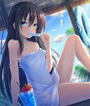  akashio_(loli_ace) black_hair blue_eyes blue_sky cloud cocktail cocktail_glass collarbone commentary_request cup day dress drinking_glass drinking_straw eyebrows_visible_through_hair eyes_visible_through_hair food food_in_mouth hair_between_eyes highres innertube long_hair looking_at_viewer original popsicle sky solo strap_slip sundress sweat very_long_hair white_dress wind_chime 