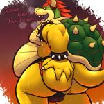  2018 5_fingers anthro anus balls belly bowser bulge butt butt_grab clothed clothing english_text hair hand_on_butt horn jockstrap koopa looking_at_viewer looking_back male mario_bros nintendo partially_clothed presenting presenting_anus presenting_hindquarters rear_view red_eyes red_hair scales scalie shell solo spiked_armlet spikes standing sweat tanio text underwear video_games yellow_scales 