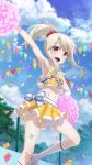  1girl absurdres alternate_hairstyle armpits breasts cheerleader cloud confetti day eyebrows_visible_through_hair fate/kaleid_liner_prisma_illya fate_(series) female highres illyasviel_von_einzbern midriff navel official_art open_mouth outdoors pom_poms ponytail red_eyes scrunchie sidelocks skirt sky sleeveless small_breasts solo white_legwear 