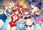  animal_ears asahi_yanagi ayase_yukari beach bell bell_choker bikini blonde_hair blue_eyes blue_hair blush bow breasts brown_hair cat_ears cat_tail choker elf flower hair_bow hair_flower hair_ornament looking_at_viewer lying miyasaka_tamaki multiple_girls multiple_tails navel ogami_mifuyu on_back one_eye_closed open_mouth paw_pose pointy_ears ponytail princess_connect! princess_connect!_re:dive purple_eyes red_hair sand short_hair smile swimsuit tail toudou_akino water 