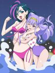  :d ;d bikini breasts cameltoe cleavage earrings eyeshadow hairband hand_up heart heart_print highres hoop_earrings hug hugtto!_precure jewelry lavender_hair lipstick long_hair makeup masaru_(win800) multicolored_hair multiple_girls navel night night_sky one_eye_closed open_mouth outdoors papple_(precure) pink_bikini pink_hair pointing pointing_at_self precure purple_swimsuit ruru_amour sidelocks sky smile standing swimsuit two-tone_hair very_long_hair water yellow_hairband 