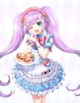  ;d alternate_costume apron argyle argyle_background blue_dress blueberry blush bow center_frills club_(shape) commentary_request detached_sleeves diamond_(shape) dress enmaided food frilled_apron frills fruit green_eyes head_tilt heart holding holding_food holding_plate long_hair looking_at_viewer lunacle maid maid_apron maid_headdress manaka_lala one_eye_closed open_mouth pastel_colors plate pretty_(series) pripara puffy_detached_sleeves puffy_short_sleeves puffy_sleeves purple_hair red_bow ribbon ribbon-trimmed_sleeves ribbon_trim short_sleeves sidelocks sleeveless sleeveless_dress smile solo spade_(shape) strawberry too_many too_many_frills twintails very_long_hair white_apron yellow_ribbon 