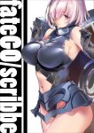 armor armored_collar armored_dress armpits bangs bare_shoulders blush breasts closed_mouth commentary_request cover cover_page doujin_cover doujinshi elbow_gloves eyebrows_visible_through_hair fate/grand_order fate_(series) gloves hair_over_eyes hair_over_one_eye highres large_breasts legs looking_at_viewer marushin_(denwa0214) mash_kyrielight navel_cutout pink_eyes pink_hair shield short_hair sideboob standing 